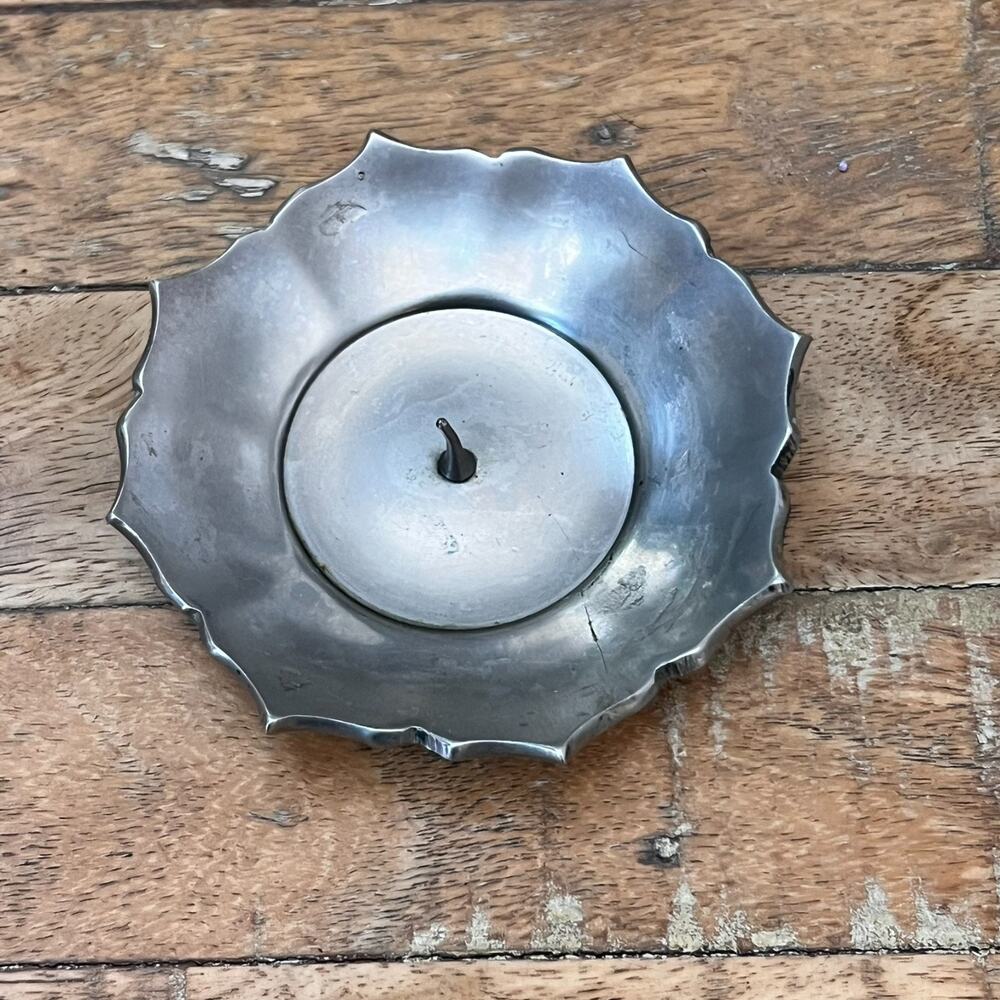 Vintage Pewter Decorative Taper Candle Holder Scalloped Edge & Center Spike